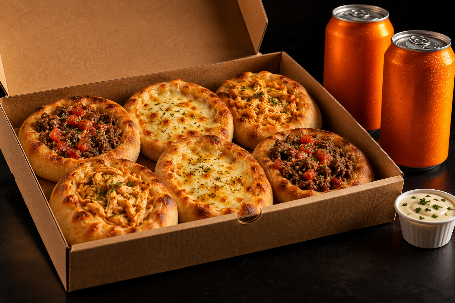 Illustrative sharing box of esfihas with drinks