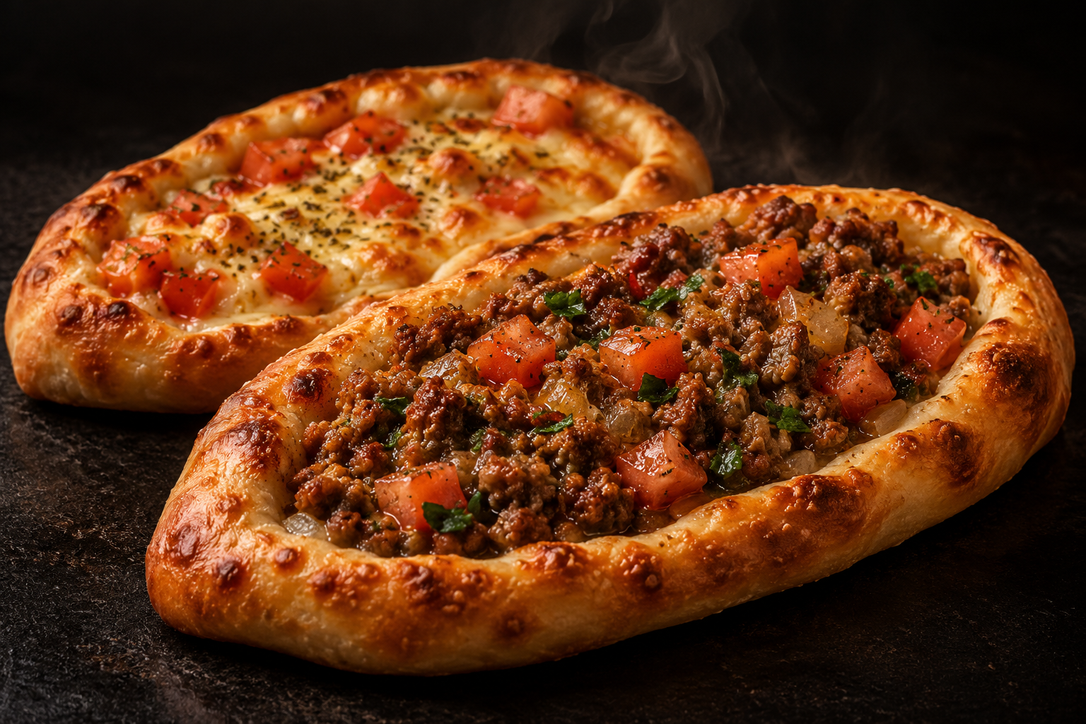 Illustrative golden open esfihas with savoury fillings